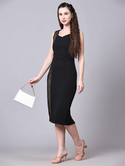The model in the image is wearing Women Bodycon Black Dress from Alice Milan. Crafted with the finest materials and impeccable attention to detail, the Dress looks premium, trendy, luxurious and offers unparalleled comfort. It’s a perfect clothing option for loungewear, resort wear, party wear or for an airport look. The woman in the image looks happy, and confident with her style statement putting a happy smile on her face.