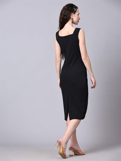 The model in the image is wearing Women Bodycon Black Dress from Alice Milan. Crafted with the finest materials and impeccable attention to detail, the Dress looks premium, trendy, luxurious and offers unparalleled comfort. It’s a perfect clothing option for loungewear, resort wear, party wear or for an airport look. The woman in the image looks happy, and confident with her style statement putting a happy smile on her face.