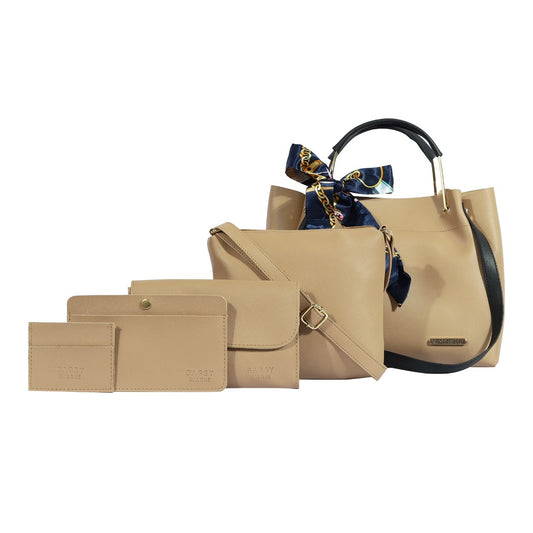 The model in the image is wearing Women Beige Set of 5 Handbags with Zip Closure from Alice Milan. Crafted with the finest materials and impeccable attention to detail, the  looks premium, trendy, luxurious and offers unparalleled comfort. It’s a perfect clothing option for loungewear, resort wear, party wear or for an airport look. The woman in the image looks happy, and confident with her style statement putting a happy smile on her face.