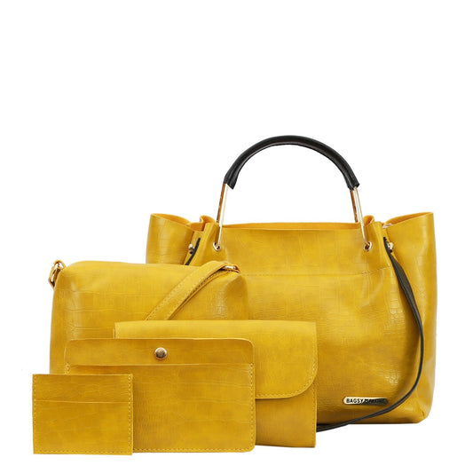 The model in the image is wearing Yellow  Pack of 5 PU Structured Handheld Bag from Alice Milan. Crafted with the finest materials and impeccable attention to detail, the  looks premium, trendy, luxurious and offers unparalleled comfort. It’s a perfect clothing option for loungewear, resort wear, party wear or for an airport look. The woman in the image looks happy, and confident with her style statement putting a happy smile on her face.