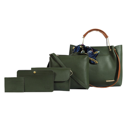 The model in the image is wearing Dark Green Pack of 5 PU Structured Handheld Bag from Alice Milan. Crafted with the finest materials and impeccable attention to detail, the  looks premium, trendy, luxurious and offers unparalleled comfort. It’s a perfect clothing option for loungewear, resort wear, party wear or for an airport look. The woman in the image looks happy, and confident with her style statement putting a happy smile on her face.